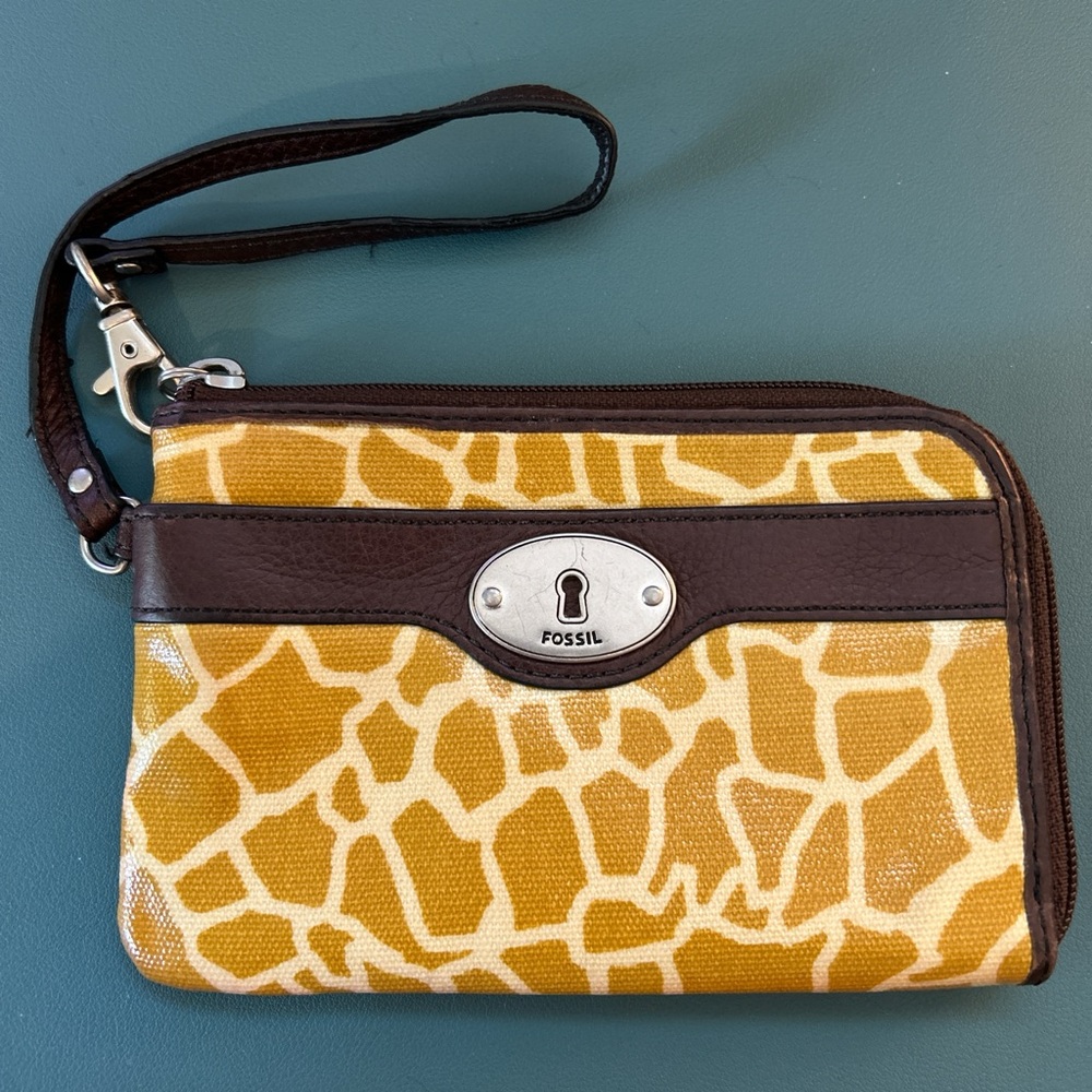Fossil Yellow and Brown Patterned Wristlet